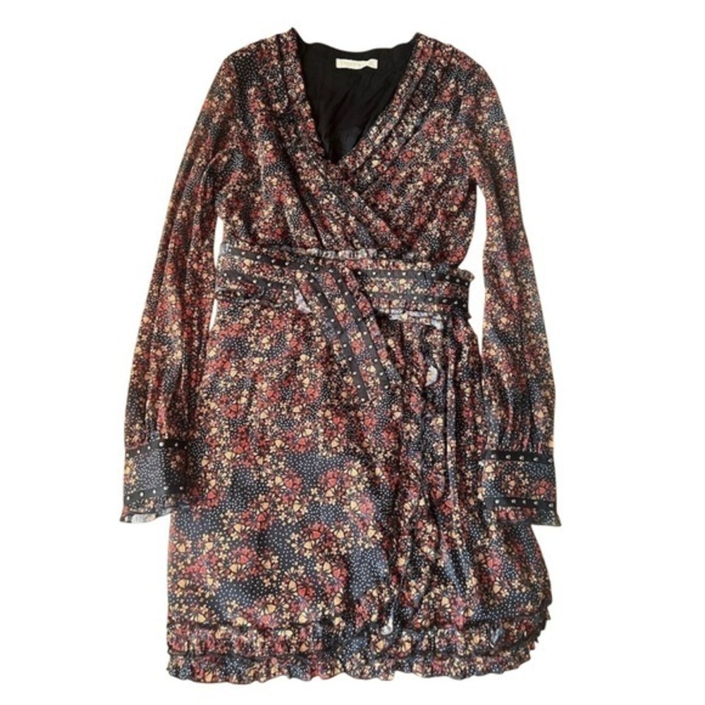 Stevie May Womens Floral Wrap Dress Long Sleeve Ruffle Hem Boho Short Designer S